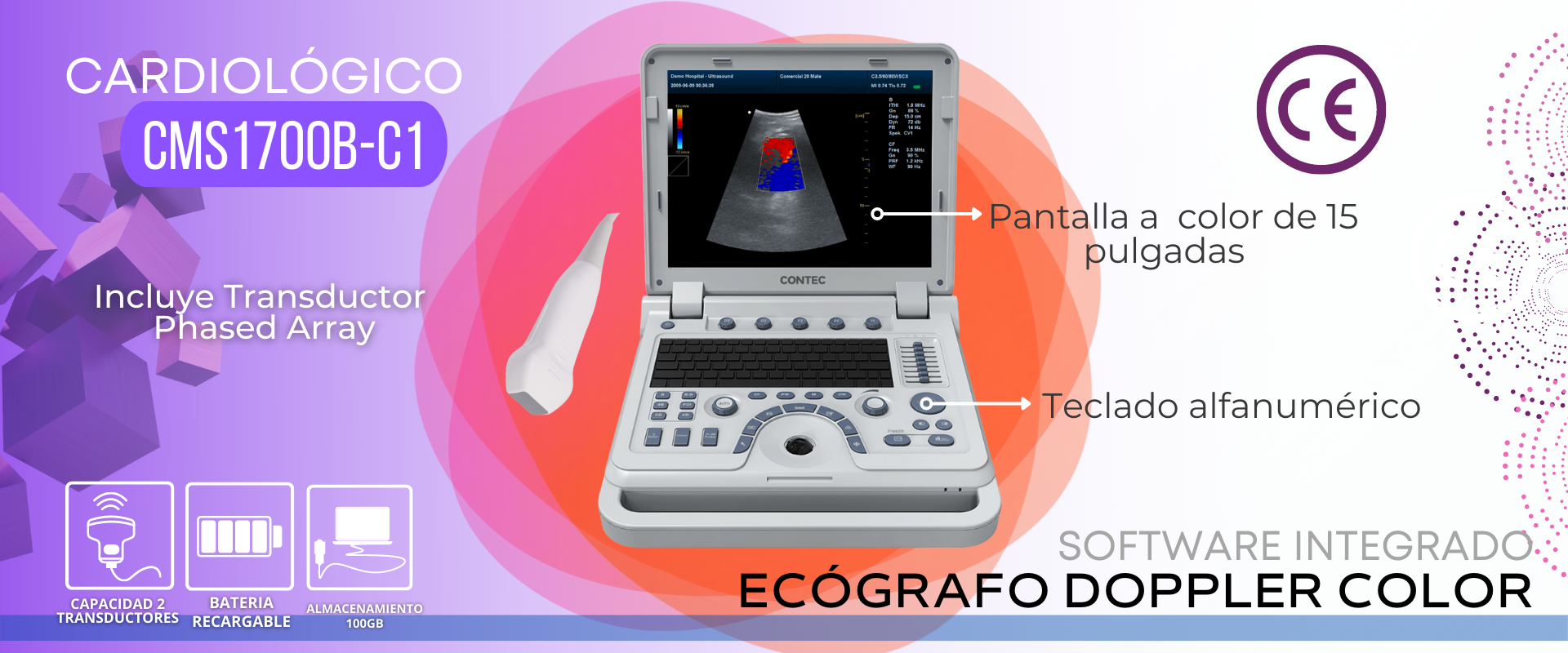 Eco doppler: ECOCARDIOGRAFO Portátil, pantalla LCD 15 pulgadas, Ecografo Doppler Color, Doppler Pulsado PW, Doppler Continuo CW.