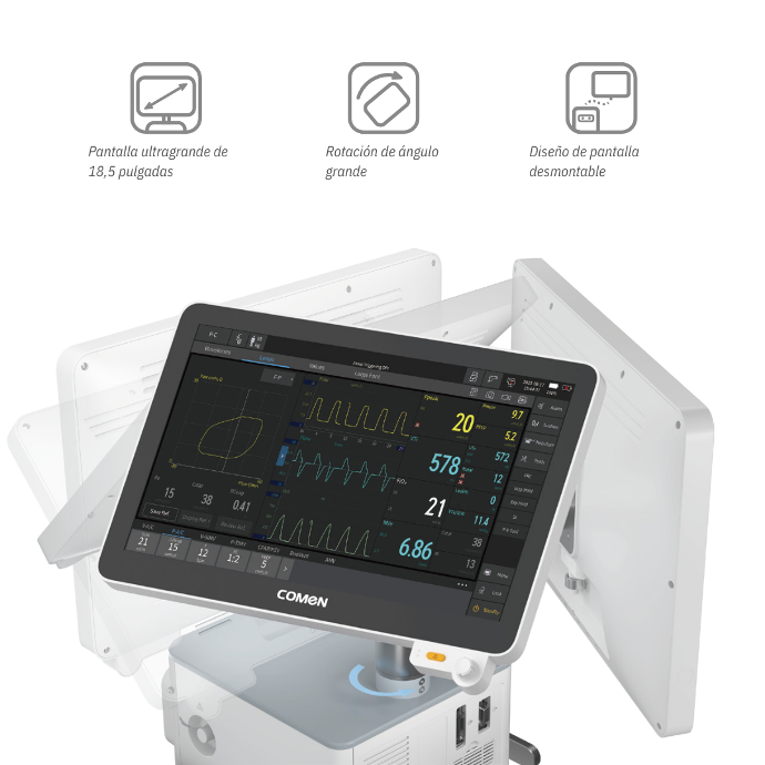 Ventilación mecánica: El V8 cuenta con una amplia pantalla de visualización de 18,5 pulgadas, que ofrece la flexibilidad de girar horizontalmente hasta 270 grados y verticalmente hasta 45 grados.